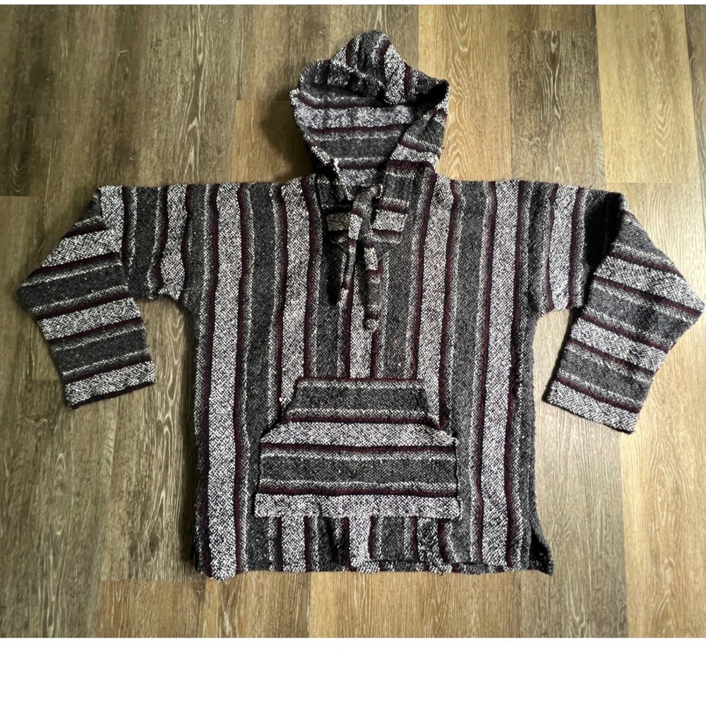 Unbranded Baja Hoodie Unisex Large Grey Striped Woven Mexican Blanket Pullover